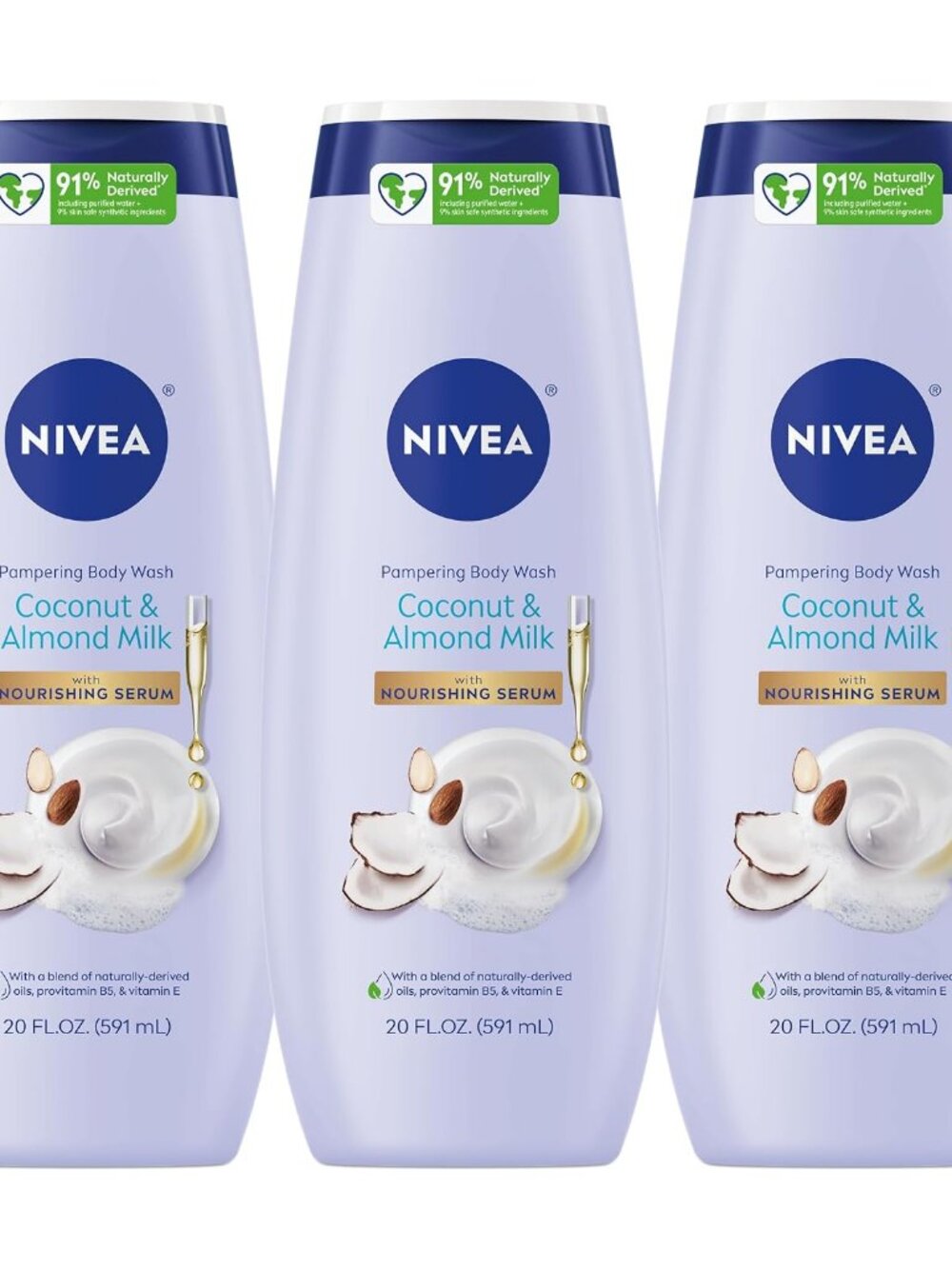 NIVEA Pampering Coconut and Almond Milk Body Wash, Multipack, 3 x 20 FL OZ